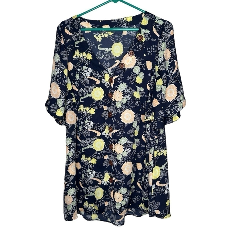 ModCloth Womens 2X Floral Short Sleeve Button Down Polyester V-Neck Top Blue